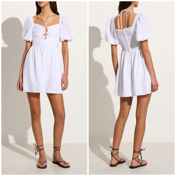 Faithfull The Brand Puff Sleeve L'oasis Odelia Mini Dress in White 100% Linen - Picture 1 of 15